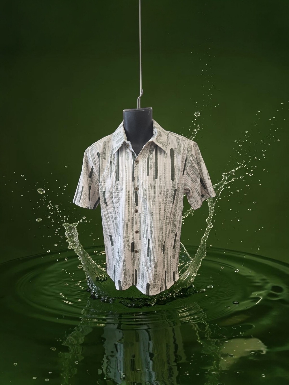PRONTI MENS OD GREEN/ IVORY SHORT SLEEVE GEOMETRIC PRINT SHIRT. S1942